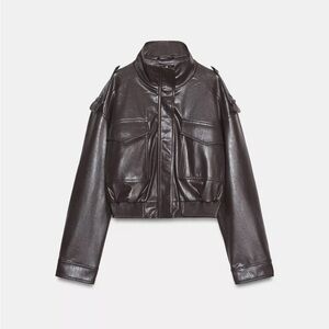 Cropped Faux Leather Bomber Jacket - Dark Brown